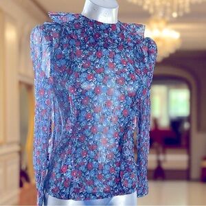 Robert Rodriguez Floral Sheer Long Sleeve Top - Blue and Red - SMALL- NWT